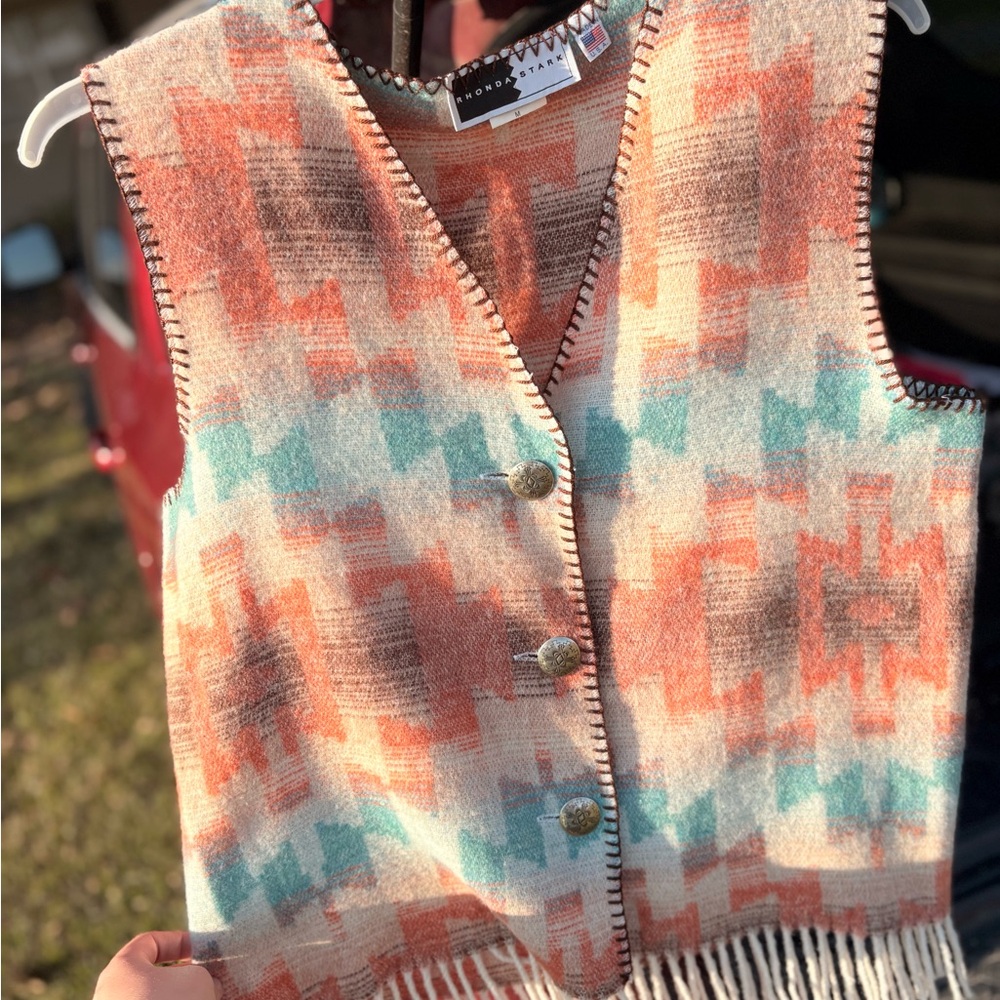 Colorful Geometric Pattern Vest with Fringe